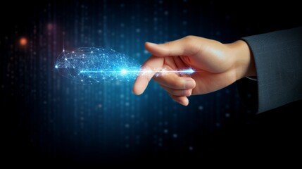 Poster - close-up on a person's hand using a magic wand to conjure a holographic projection of a futuristic social media marketing icon for internet network technology and business concept.