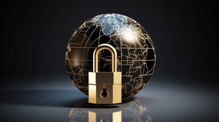 Poster - padlock secured around a padlock-shaped globe with interconnected lines, representing the interconnectedness of global cybersecurity threats.