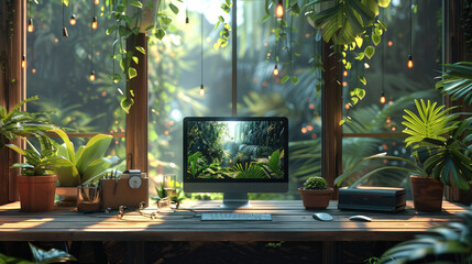 Poster - Wooden desk looking out the window with a view of the tropical, rainforest. On the table there are 2 computers. Generative AI.