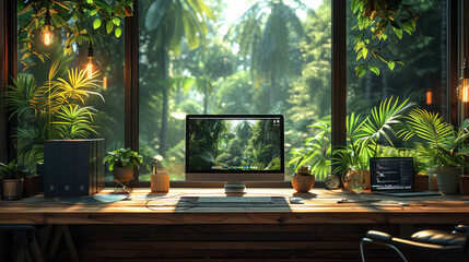 Wooden desk looking out the window with a view of the tropical, rainforest. On the table there are 2 computers. Generative AI.
