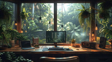 Poster - Wooden desk looking out the window with a view of the tropical, rainforest. On the table there are 2 computers. Generative AI.