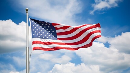 weathered American flag waving proudly in the wind against a backdrop of a clear blue sky and fluffy white clouds.