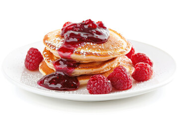 For breakfast, homemade pancakes with raspberries and jam on a white plate isolated on white background
