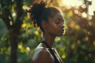 Wall Mural - black woman practices fitness and yoga in the morning outdoors in the park looks straight to the camera
