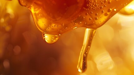 Wall Mural - Macro shot of honey dripping, golden and viscous, rich texture, warm lighting. 