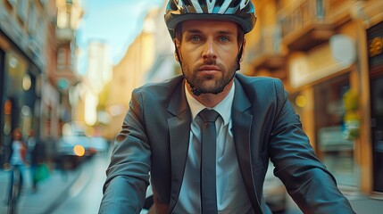 Wall Mural - A focused businessman in a suit and helmet cycling on a city street, representing an eco-conscious commute