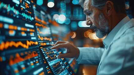 Leinwandbilder - A businessman using a tablet to analyze large data sets in a time-sensitive scenario, such as a stock market or a sports game, background that emphasizes the urgency and excitement. Generative AI.