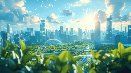 Wall Mural - The symbiosis of plants and buildings, reflecting the concept of an environmentally friendly city. solar energy, a futuristic cityscape with skyscrapers and buildings. Generative AI.