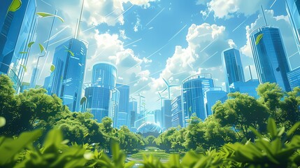 Aufkleber - The symbiosis of plants and buildings, reflecting the concept of an environmentally friendly city. solar energy, a futuristic cityscape with skyscrapers and buildings. Generative AI.