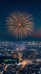 Wall Mural - A photograph showcasing a grand fireworks display above an illuminated urban landscape at night.