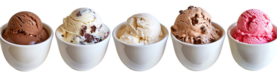 Wall Mural - different types of ice cream in white bowls isolated on a white background