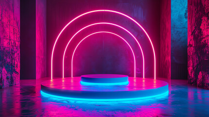 Wall Mural - Modern abstract neon stage with glowing pink and blue light arches, perfect for futuristic presentations or creative backgrounds, showcase product podium