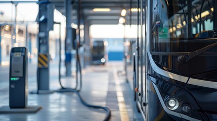 Wall Mural - An electric bus enters the depot automatically connecting to the solarpowered charging station without emitting any harmful emissions.