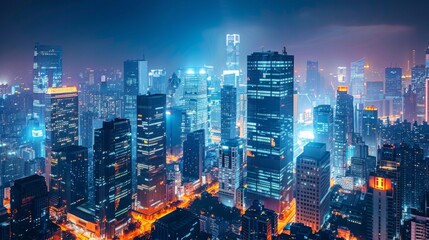 Poster - A futuristic city skyline with skyscrapers illuminated at night, showcasing advanced urban technology