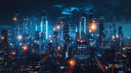 Poster - A futuristic city skyline with skyscrapers illuminated at night, showcasing advanced urban technology