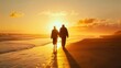 © Plaifah - A happy elderly couple walking hand in hand on a beach at sunset, symbolizing love and longevity