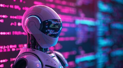 Futuristic AI coding assistant concept showcasing advanced programming collaboration between human and artificial intelligence, optimizing code efficiency and productivity.