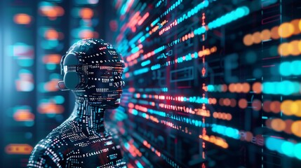 Futuristic AI coding assistant concept showcasing advanced programming collaboration between human and artificial intelligence, optimizing code efficiency and productivity.