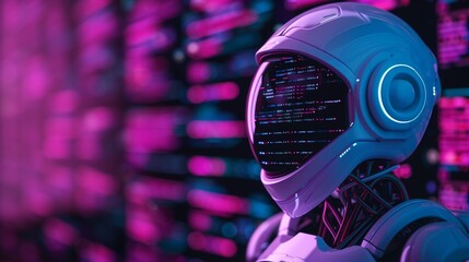 Futuristic AI coding assistant concept showcasing advanced programming collaboration between human and artificial intelligence, optimizing code efficiency and productivity.