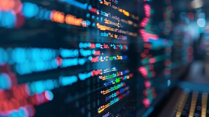 AI coding concept with abstract screens displaying lines of code, symbolizing advanced programming and artificial intelligence development.