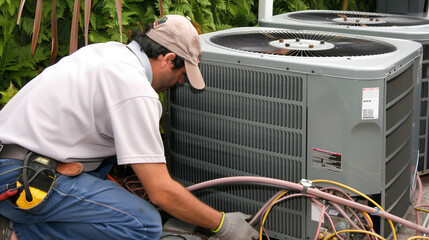 Wall Mural - The technician services the air conditioning unit, ensuring its efficiency and effectiveness. Professional service allows you to maintain optimal cooling conditions.