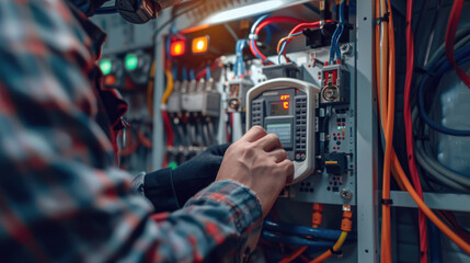 Canvas Print - Engineer Monitoring Voltage at Circuit Breaker Terminal with Voltmeter