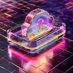 Sticker - Close up of lock icon in translucent cloud on vibrant neon digital grid backdrop