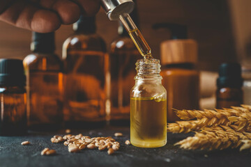 Wall Mural - Bottle of body oil with a dropper. A conceptual composition of wheat essential oil on table. Wheat serum oil for skin and hair care. Self-care, spa and wellness