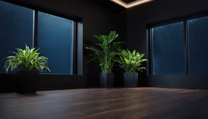 Wall Mural - Empty room interior background. Dark background empty room with plants on a floor
