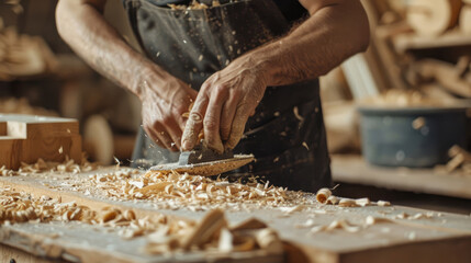 Wall Mural - Close-Up of Craftsman at Work in Small Furniture Manufacturing