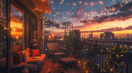Wall Mural - Cozy apartment terrace with fairy lights at dusk,