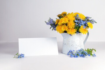 Wall Mural - Beautiful dandelion flowers in a garden watering can and Blank white greeting card on a white background, Vintage composition, Mockup card. Copy space