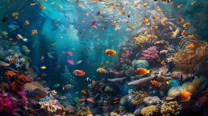 Wall Mural - A colorful underwater scene with many fish swimming around
