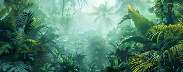 Wall Mural - A dense jungle with towering trees and lush greenery, shrouded in mist, creating an otherworldly atmosphere