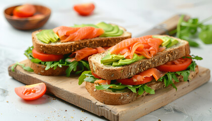 Wall Mural - tasty sandwich with avocado and salmon on wooden board on white table
