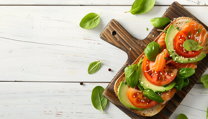 Wall Mural - tasty sandwich with avocado and salmon on wooden board on white table