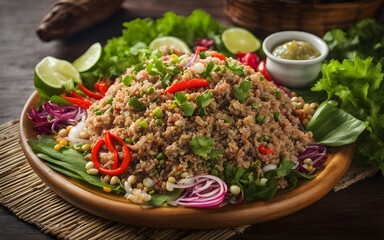 Laotian larb, spicy meat salad, herbs, sticky rice, bamboo mat