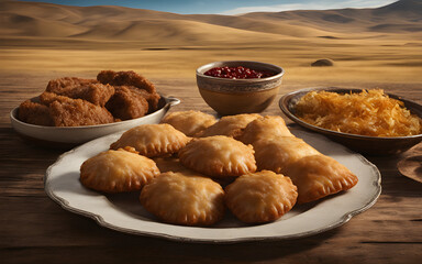 Wall Mural - Mongolian khuushuur, fried meat pastries, simple plate, vast steppe backdrop, nomadic setting