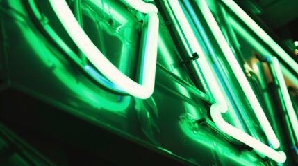 Extreme close-up of a neon green sign, intense glow, sharp edges, dark ambient light. 