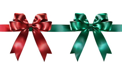 Wall Mural - Red and green satin bows on ribbons on transparent png background perfect for Christmas gift wrapping, decorating, and holiday-themed packaging.