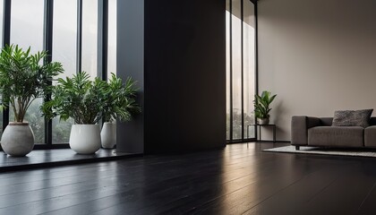 Poster - Empty room interior background, black stucco wall, pot with plant 3d rendering