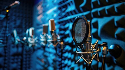 Wall Mural - Deserted Podcasting Studio: Unoccupied Recording Booths, Microphones, and Soundproofing, Awaiting the Vibrant Voices of Storytellers and Conversationalists
