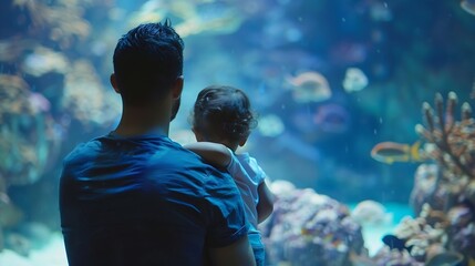 Wall Mural - What is the name of that fish Dad Cropped shot of a father and his little daughter looking at an exhibit in an aquarium : Generative AI