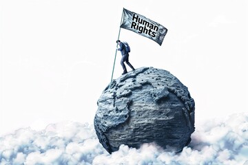 A brave individual climbing a giant, rocky globe while holding a flag that reads 