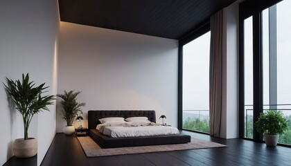 Poster - Minimalist modern black wood bedroom with plant interior background, 3D render