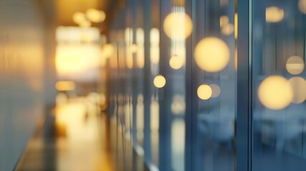 Fototapete - Beautiful blurred background of a light modern office interior with panoramic windows and beautiful lighting : Generative AI