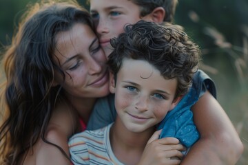 Wall Mural - A close-up portrait of a mother and her two sons outdoors, smiling and hugging