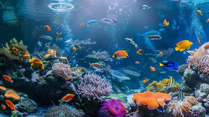 Wall Mural - Life of the underwater world Colorful tropical fish Animals in the coral reef Ecosystem Underwater panoramic view : Generative AI