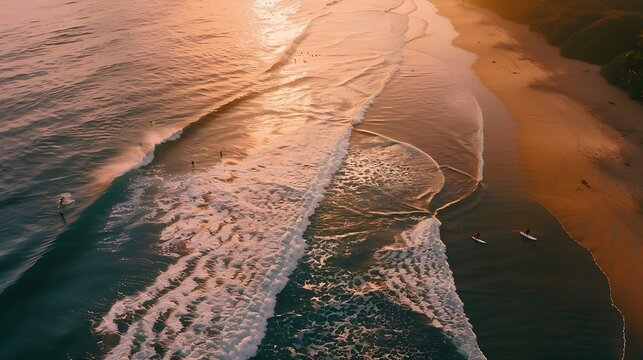 AERIAL Surfers watch big breaking waves from beach after sunset surf session Majestic view of orange glowing sandy shore by the Pacific Ocean Surf buddies on a surf trip at tropical Pl : Generative AI