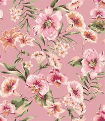  Big flowers pattern, upscale floral pattern. graphical textures floral, trendy colors pattern , flowers background with leaves. vector illustration.
